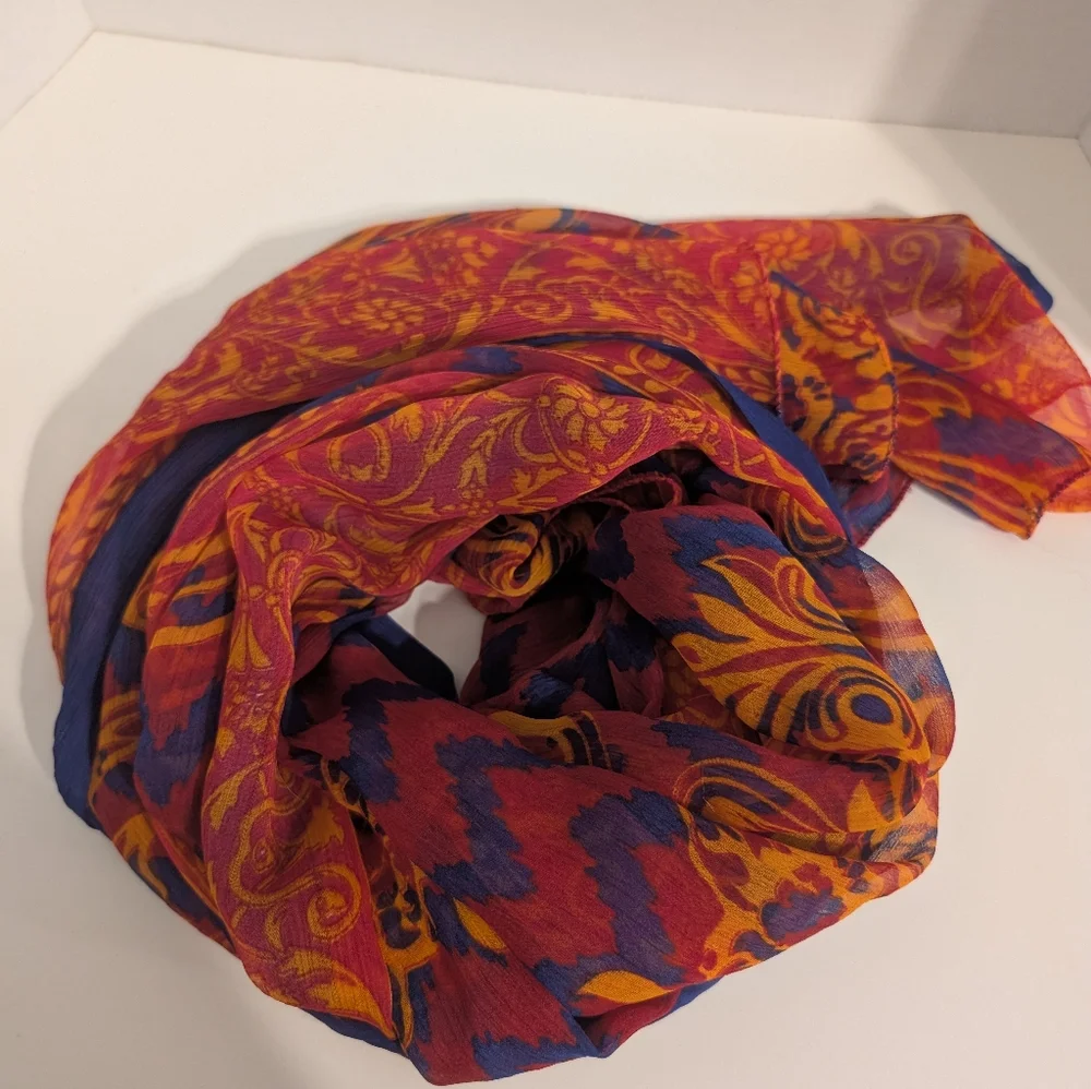 Sheer Large Royal Blue, Red and Orangy Gold Shawl, Scarf or Wrap - Picture 4 of 7